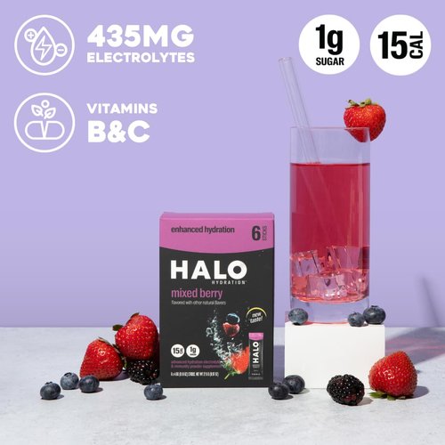 HALO Hydration - Electrolyte Drink Mix | Hydration Powder Packets | Berry Flavor – For Sports and Cycling | Easy Open Single Serving Stick | 6 Sticks