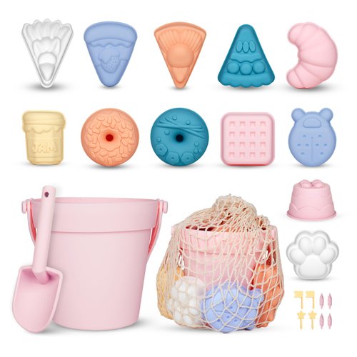 ISSEVE 23Pcs Beach Toys Set for Kids Toddlers Girls, Silicone Sand Toys Include Sand Bucket, Shovels, 12 Sand Molds, Mesh Bag for Travel Outdoor Play, Silicone Beach Toys for Kids Age 3-12 (Pink)