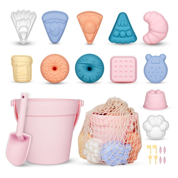 ISSEVE 23Pcs Beach Toys Set for Kids Toddlers Girls, Silicone Sand Toys Include Sand Bucket, Shovels, 12 Sand Molds, Mesh Bag for Travel Outdoor Play, Silicone Beach Toys for Kids Age 3-12 (Pink)
