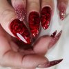 24Pcs Red Press on Nails Short Almond Fake Nails Sequins Glitter Full Cover Tip Stick on Nails with Glue Red Flower Bling Glossy Designs Artificial Acrylic False Nails for Women Manicure Decorations
