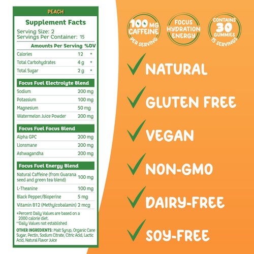 FocusFuel Energy Chews - Focus + Energy Gummies, 100mg Caffeine per 2 Gummies, Includes B12, Magnesium, Electrolytes, All-Natural Ingredients (Peach - 30 Chews, 3.17oz)