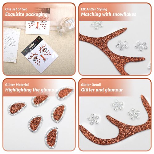 Cute Reindeer Face Stickers 2Pcs Glitter Elk Eye Body Face Tattoo Stickers for Kids Adult Christmas Party Makeup Self Adhesive Fake Tattoo Sticker Cospay Party Supplies