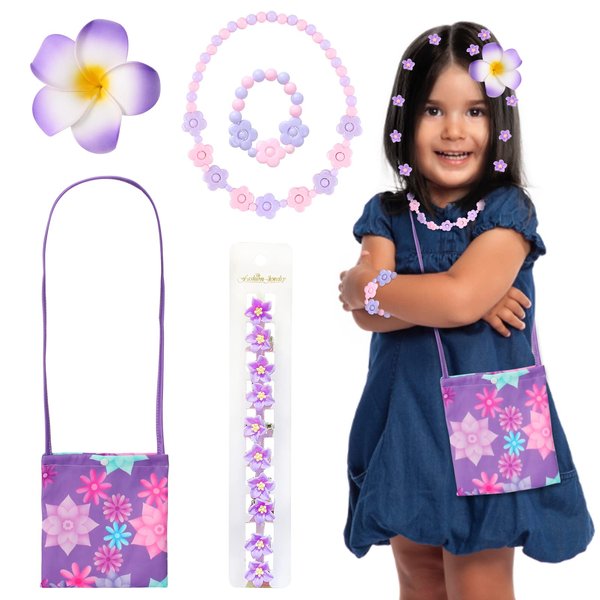 Keymall for Princess Cosplay Costume Accessories Set 5Pcs Including Flower Hair Clips Necklace Bracelet Bag for Kids Little Girls Hawaii Halloween Dress Up Costume (purple)