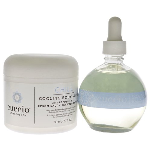 Cuccio Somatology Chill Kit - Gently Exfoliates - Soothes and Hydrates Skin - for Yourself or Loved Ones - Paraben Free - Includes Cooling Body Scrub and Hand and Body Oil - 2 pc
