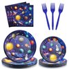 24 Guests Space Theme Party Supplies Outer Space Birthday Party Decorations Galaxy Party Tableware Set Planet Solar System Dessert Plates Napkins Forks for Kids Boys Party Favors 96 Pcs