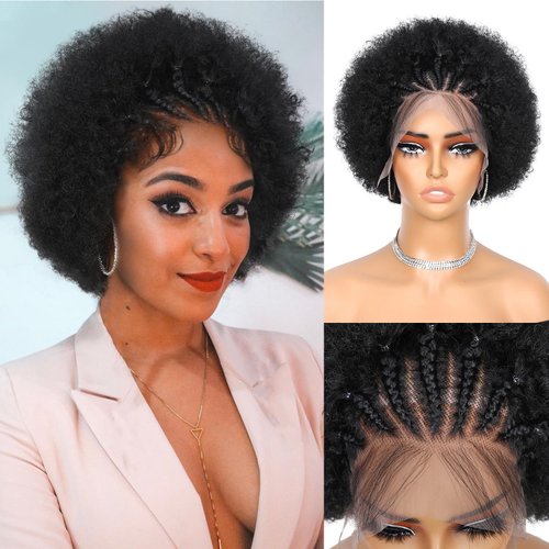 Quantum Love Braided Cornrow Afro Puff Wig for Black Women Stitch Braids Lace Front Wigs with Bab...