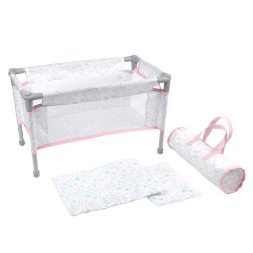 JC Toys - Berenguer Boutique | Travel Folding Crib - Playpen with Accessories | Pink Floral Collection | for Dolls up to 18" | Ages 3+