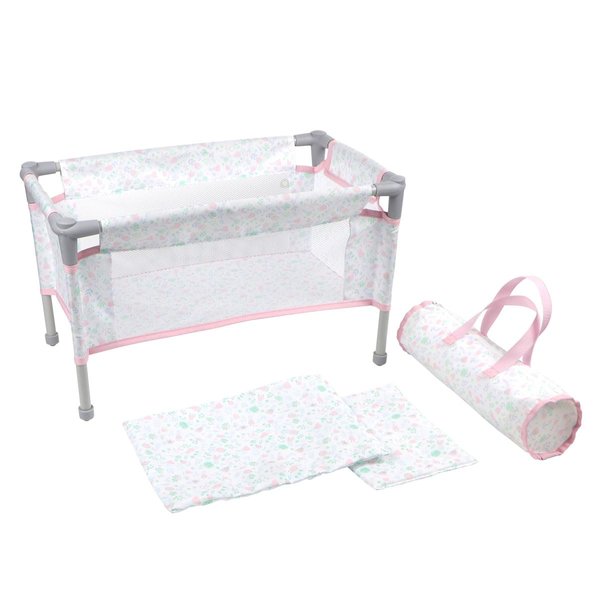 JC Toys - Berenguer Boutique | Travel Folding Crib - Playpen with Accessories | Pink Floral Collection | for Dolls up to 18" | Ages 3+