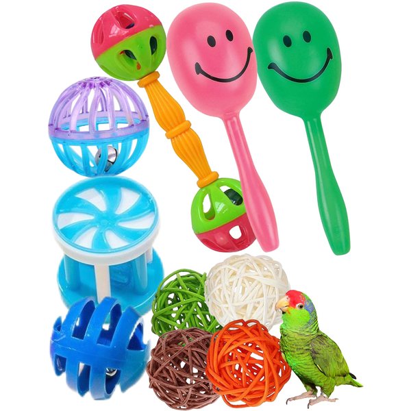 HEUHAI 10-Pack Bird Toys for Conures, Budgies, Parakeets, Cockatiels, and Lovebirds - Colorful Foraging Toys with Bells, Sturdy Hard Plastic & Natural Rattan, Small Bird Cage Accessories