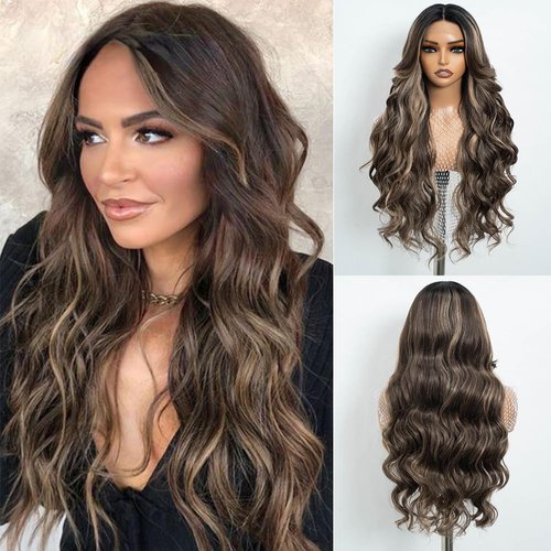 REBECCA STYLE Long Brown Wavy Wigs 28 Inch Body Wave Synthetic Lace Front Wig Middle Part Curly Lace Hairline Wigs for Women Glueless Heat Resistant Synthetic Wigs for Daily Party