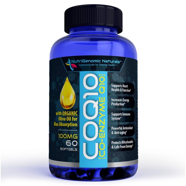 CoQ10, Coenzyme Q10, Highest Absorption with Organic Olive Oil, 100mg, 60 Softgels, Ubiquinone, Ubiquinol, Supports Heart Health, Increases Energy, Pure, Natural, Effective, NutriGenomic Naturals®