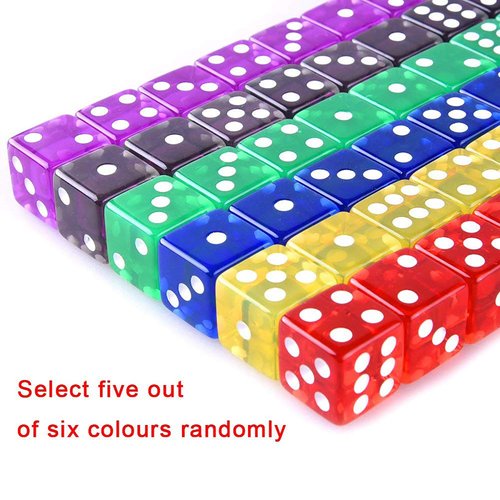 AUSTOR 50 Pieces Game Dice Set 5 Translucent Colors Square Corner Dice for Tenzi, Farkle, Yahtzee, Bunco or Teaching Math with Velvet Pouch