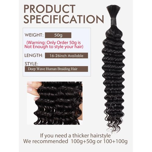 Human Braiding Hair, Boho Braids Human Hair 1 Bundle 50g 18 Inch Deep Water Wave Bulk Human Hair for Braiding No Weft 12A Brazilian Virgin Curly Human Hair Extensions for Wet and Wavy Braiding Hair