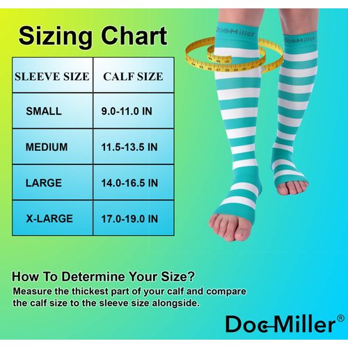 Doc Miller Open Toe Compression Socks for Women and Men 15-20mmHg, Shin Splints, Varicose Veins and Calf Injury Recovery, 1 Pair Teal White Medium Toeless Compression Socks Women