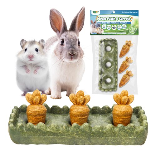 4 PCs Edible Small Animal Chew Toys Set, Hamster Gerbil Guinea Pig Rabbit Enrichment Toys Teeth Chews, Carrot & Grass Patch Natural Nibbler Boredom Breaker