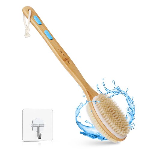 POPCHOSE Shower Brush, Stocking Stuffers, Back Scrubber for Shower with Long Wooden Handle, Dual-Sided Body Brush for Dry Brushing & Wet Exfoliation, Soft & Stiff Bristles Body Scrubber, Back Washer
