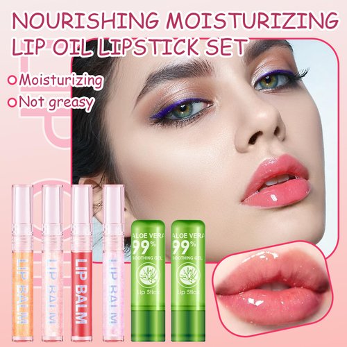 DWDiWen 4 Pcs Shiny Lip Gloss Set,Non-sticky Long Lasting Moisturizing Lip Glow Oil Makeup Set with 2 Aloe Vera Color Changing Lipsticks for Women,Tinted Lip Balm & Lip Plumping Lip Gloss Set