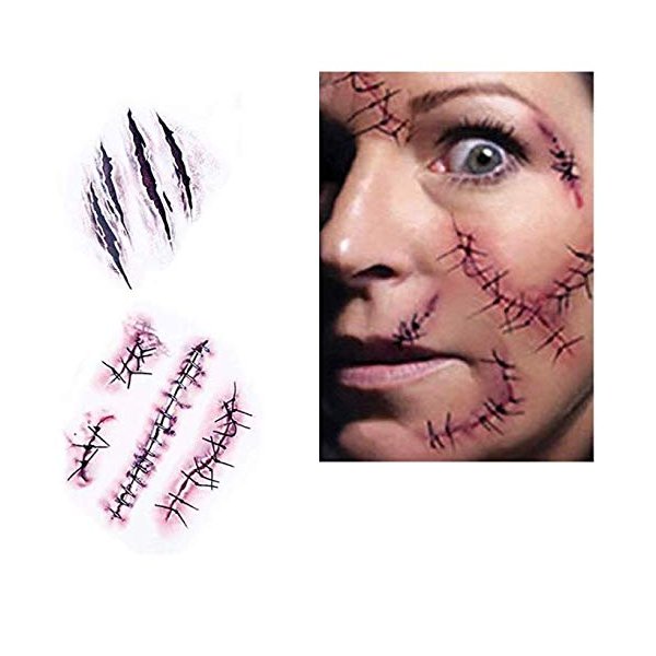 DNHCLL 10 Sheetss Scar Tattoos Temporary - Zombie Party Supplies Cosplay Props, Horror Realistic Fake Bloody Wound Stitch Scar Scab Waterproof Temporary Tattoo Sticker Halloween Masquerade Prank