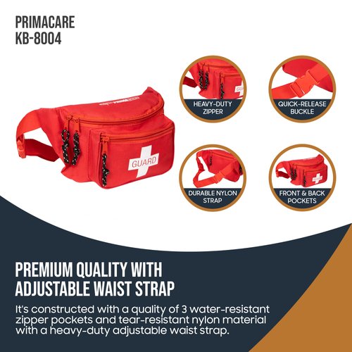 PrimaCare KB-8004 First Aid Empty Fanny Pack for Emergency Equipment Set, 8" x 2" x 6", Red