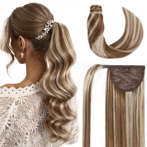 RECOOL Ponytail Extension Human Hair Light Brown with Bleach Blonde Wrap Around Clip in Ponytail Hair Extensions Hair Piece Real Remy Human Hair Ponytail Extension for Women Long Straight(18 inch)