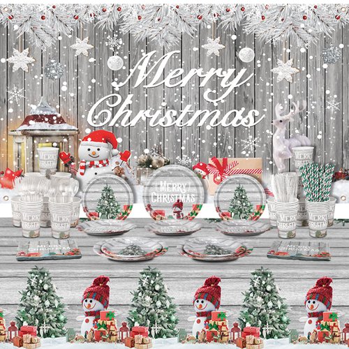 195PCS Silver Christmas Party Supplies Decorations Christmas Tableware Set Kit Includes Xmas Paper Plates and Napkins Sets Glitter Merry Xmas Disposable Dinnerware Tablecloth Banner Backdrop Serve 24
