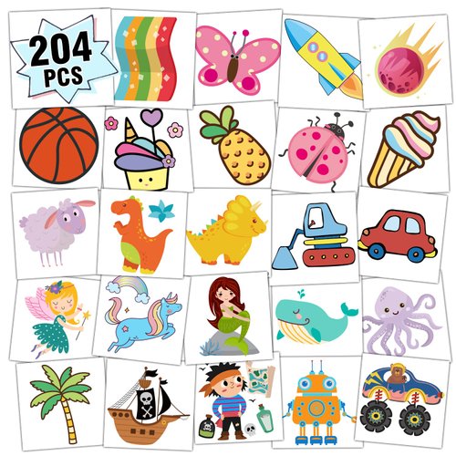 Partywind Temporary Tattoos for Kids, 204 Individually Wrapped Sheets Kids Tattoos Stickers, Kids Birthday Party Supplies, Goodie Bag Fillers, Toys for Boys and Girls