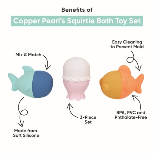 Copper Pearl 3-Piece Squirtie Bath Toy Set: Mix-and-Match Water Squirters, Safe Silicone Floating Bath Toys for Babies and Toddlers, Enhances Fine Motor Skills, Easy Clean, Ages 9m+