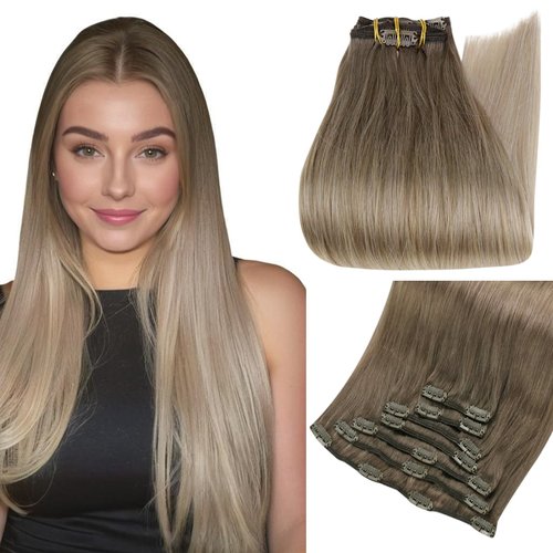 Full Shine Clip in Blonde Human Hair Extensions 14 Inch Ash Brown Ombre Ash Blonde Balayage Clip in Extensions Invisible Remy Hair Extensions Clip in Human Hair Natural Looking Hair Extensions