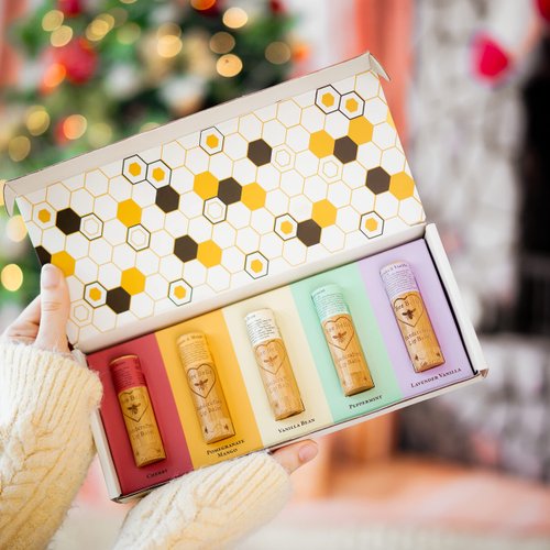 Bee Bella Lip Balm Variety Pack Gift Set, Cherry, Pomegranate Mango, Vanilla Bean, Peppermint, & Lavender Vanilla, 5 Pack - Hydrating, Moisturizing, Natural, Organic Beeswax, Vitamin E, Made in USA
