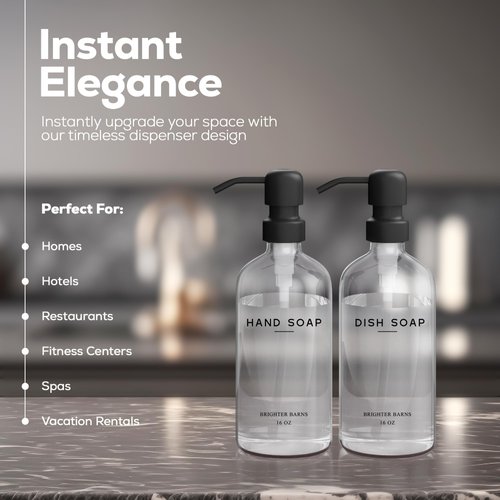 Clear Glass Hand and Dish Soap Dispenser Set by Brighter Barns - Kitchen Soap Dispenser Set & Pump - Farmhouse Soap Dispenser for Kitchen Sink - Modern Kitchen Decor, Bathroom Accessories (Clear)