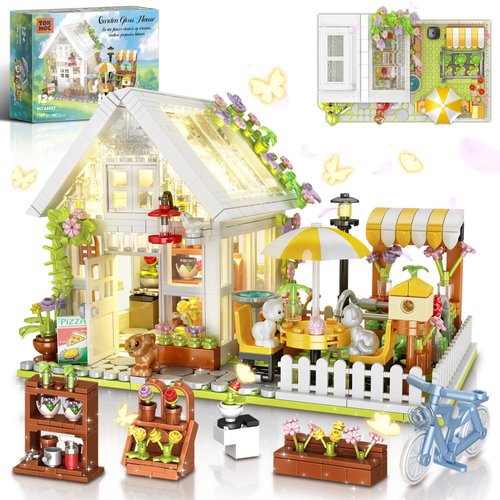 Flower House Building Block, Garden House Building Toy with LED Lights, Creative Greenhouse Model Building Set, Garden Glass House Building Kit, Christma & Birthday Gift for Kids 12+ (1188pcs)