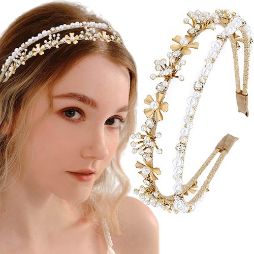 Firuilo Gold Double Headbands Rhinestones Pearl Hair Band with Beaded Hair Ties Flower Head Band ...