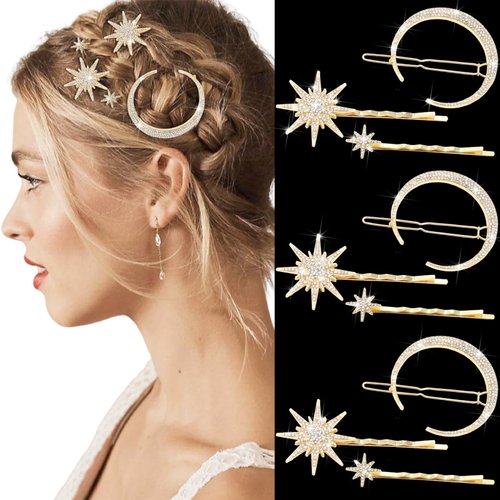FULZTEY 9Pcs Rhinestone Stars Moon Hair Clips for Women Bling Diamond Star Hair Pin Sparkly Snowflake Side Hairclip Metal Alloy Gold Star Bobby Pins Decorative Vintage Bride Hair Accessories