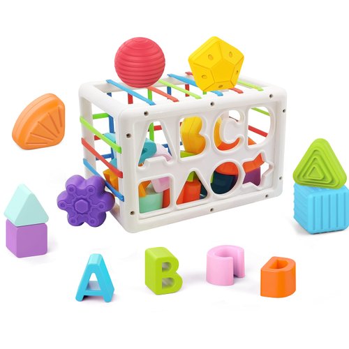 TwKueor Baby Shape Sorting Cube with ABCD and Shape Blocks, Sensory Bin with Colorful Elastic Rope for Toddlers, Babies and Kids Early Educational Montessori Learning Developmental STEM Toys