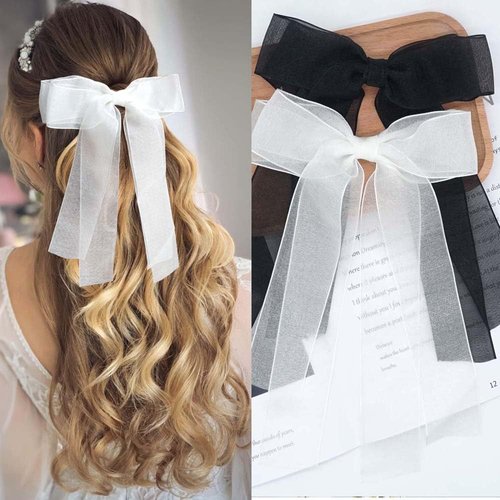 2pcs Black White Hair Bows Tulle Hair Bow Clips for Women Hair Ribbon Bows with Long Tail Elegant Hair Barrette Hair Clip Bows Hair Accessories Gift for Women Girls