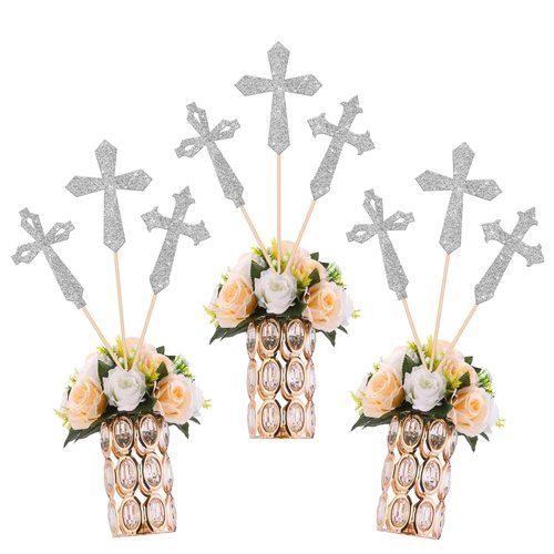 12 Pack Cross Centerpiece Sticks Glitter Baptism Christianity God Bless Table Centerpiece Sticks for Religious Theme First Holy Communion Birthday Party Supplies Silver