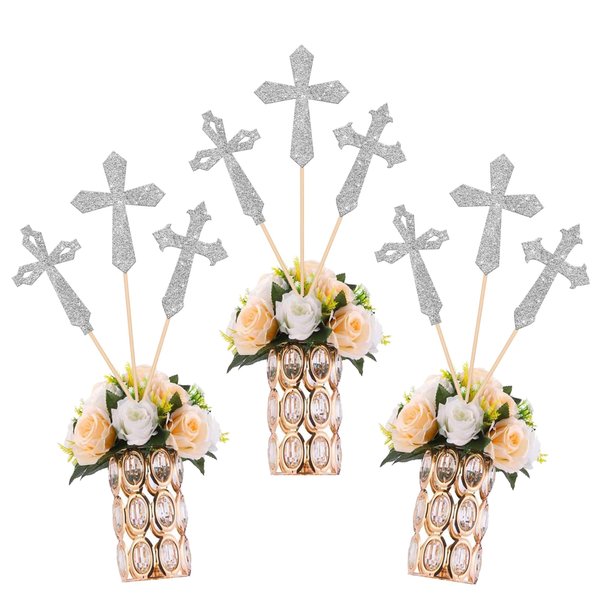 12 Pack Cross Centerpiece Sticks Glitter Baptism Christianity God Bless Table Centerpiece Sticks for Religious Theme First Holy Communion Birthday Party Supplies Silver