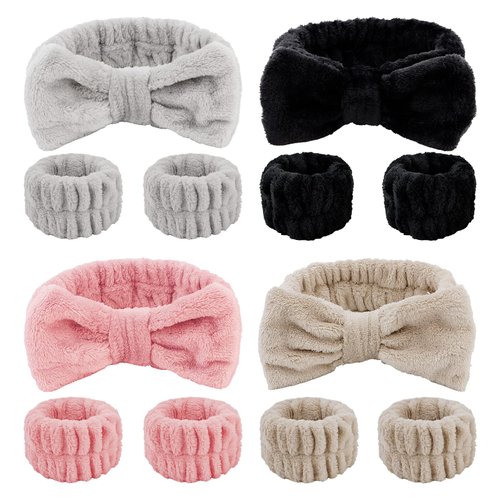 CIEHER 12 PCS Makeup Headband for Women Wrist Washband Scrunchies Cuffs for Washing Face, Soft Bow Hair Band Matching Wristbands, Spa Headband Coral Fleece Bow Headbands for Girls