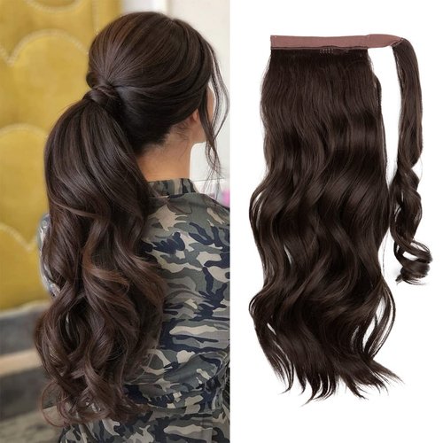 CJL HAIR 22" Ponytail Extension Curly Wavy Long Brown Pony Tail Wrap Around Clip in Hair Extensions Synthetic High Resistant Fiber Faux Hairpiece for Women