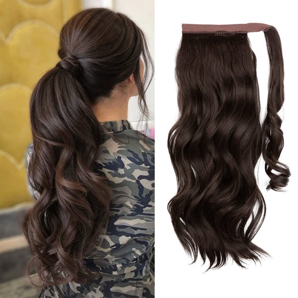 CJL HAIR 22" Ponytail Extension Curly Wavy Long Brown Pony Tail Wrap Around Clip in Hair Extensions Synthetic High Resistant Fiber Faux Hairpiece for Women