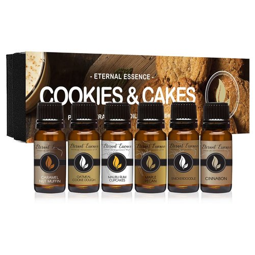 Eternal Essence Oils Cookies & Cakes Set of 6 Premium Fragrance Oils - Caramel Nut Muffin, Oatmeal Cookie Dough, Malibu Rum Cupcakes, Maple Pecan, and More - for Candle, Soap Making, & More - 10ML