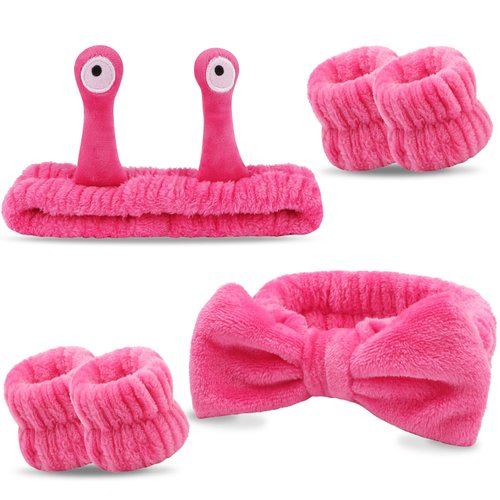Atoden Spa Headband and Wristband Set Skincare Headband Makeup Headband Bowknot Snail Headbands Wrist Bands for Washing Face Cute Animal Face Wash Headband for Women Girls (Hot Pink)