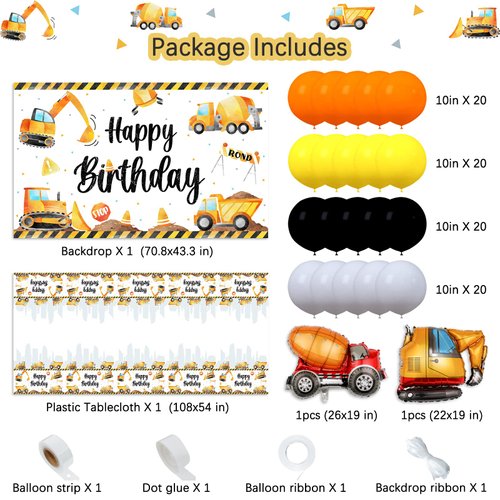Construction Birthday Party Decorations Supplies, Construction Theme Tablecloth Backdrop, 2 Foil Balloons, Balloon garland Party Decor for Kids Boys