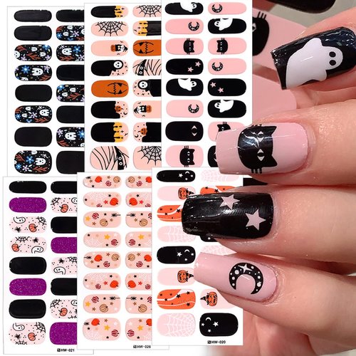 LRKNNO Halloween Gel Nail Stickers 6Sheets Halloween Full Nail Wraps Stickers Pumpkin Ghost Spider Designs Halloween Nail Strips for Gel Nails Glitter Pink Nail Polish Sticker for Women Manicure Decor