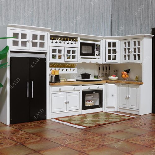 iLAND Miniature Dollhouse Furniture on 1:12 Scale, Modern Dollhouse Kitchen with Dollhouse Accessories Set