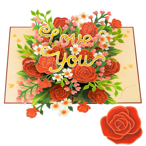 POPWOW Anniversary Pop Up Card, Floral Rose, Love You, Red Roses, Elegant 3D Greeting Cards, Ideal Gifts for Birthday, Mom, Sister, Aunt, Grandma, Daughter, Girl, Women 5x7