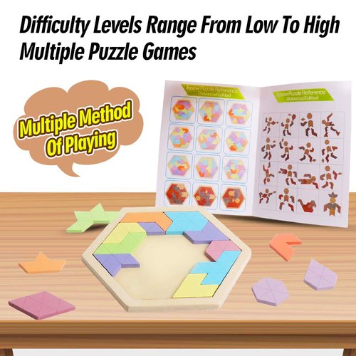 Skrtuan Wooden Hexagon Puzzle for Kid Adults Wooden Blocks Puzzle Brain Teasers Toy Shape Pattern Blocks Tangram Puzzles Games Family Portable Montessori Educational Gift for All Ages Children