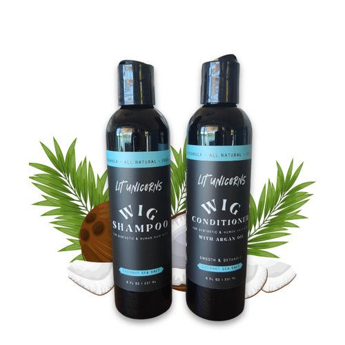 Lit Unicorns All Natural Wig Shampoo & Conditioner Set for Human Hair and Synthetic Wigs. Clean | Detangle | Soften. Keep Your Wig Fresh - Coconut Scent