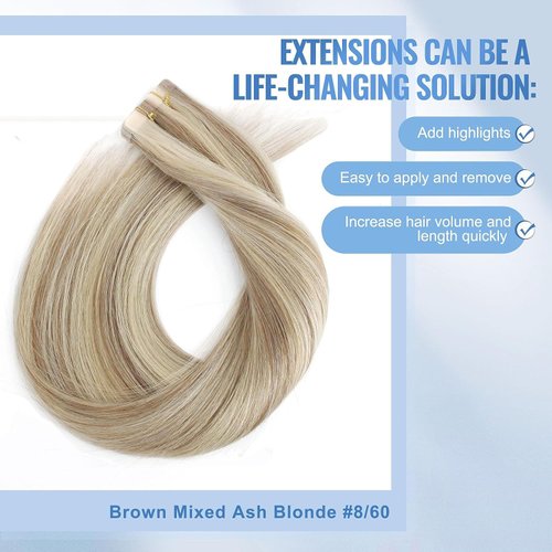 Sixstarhair Light Brown Highlights Tape In Hair Extensions Brown Mixed with Ash Blonde Seamless Straight Hair Extensions with Double Sided Tape, 16 Inch 50 Gram [Color P8-60#-16 inch]
