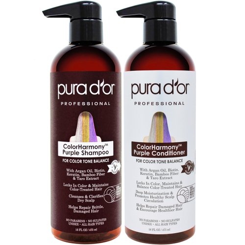 PURA D'OR Purple Shampoo & Conditioner (16oz x 2) ColorHarmony Biotin Set For Bleached, Blonde, Silver & Color Treated Hair - Keratin, Bamboo Fiber, No Sulfates - Men & Women